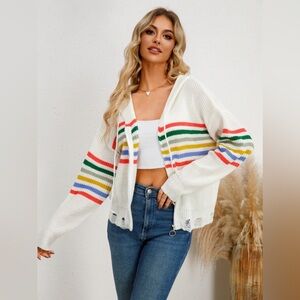 White and Colorful Striped Hooded Cardigan